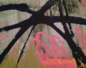 May include: Abstract painting with a textured canvas. The artwork features dark navy blue, glittery black, pink, and olive green brushstrokes. The composition includes branch-like shapes and splashes of color, creating a dynamic and expressive piece.