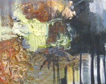 May include: Abstract painting with a textured, layered appearance. The artwork features a mix of colors, including brown, yellow, green, and black. The composition includes vertical lines suggesting trees and organic shapes.