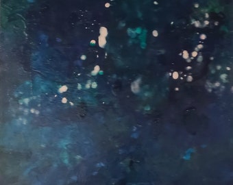 May include: Abstract painting with a dark blue and green color palette. The artwork features a blend of colors and textures, with white splatters creating a sense of depth and movement. The overall theme suggests a cosmic or underwater scene.