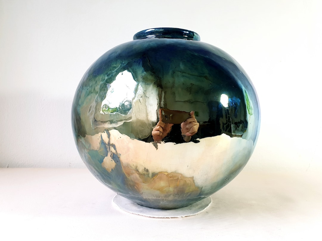 American Raku American Raku Vase, Gold Lustre and Cobalt Blue, Lustre Glaze Pottery ...