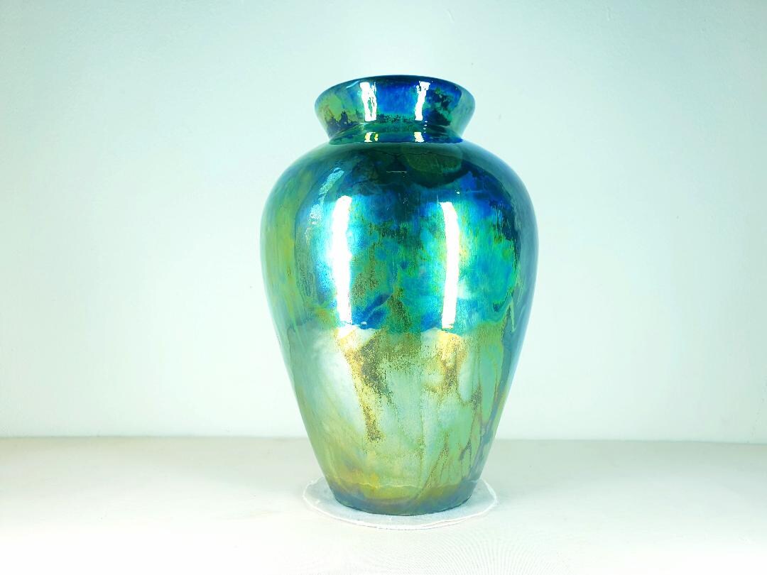 American Raku American Raku Vase, Gold Lustre and Cobalt Blue, Heavy Reduction ...
