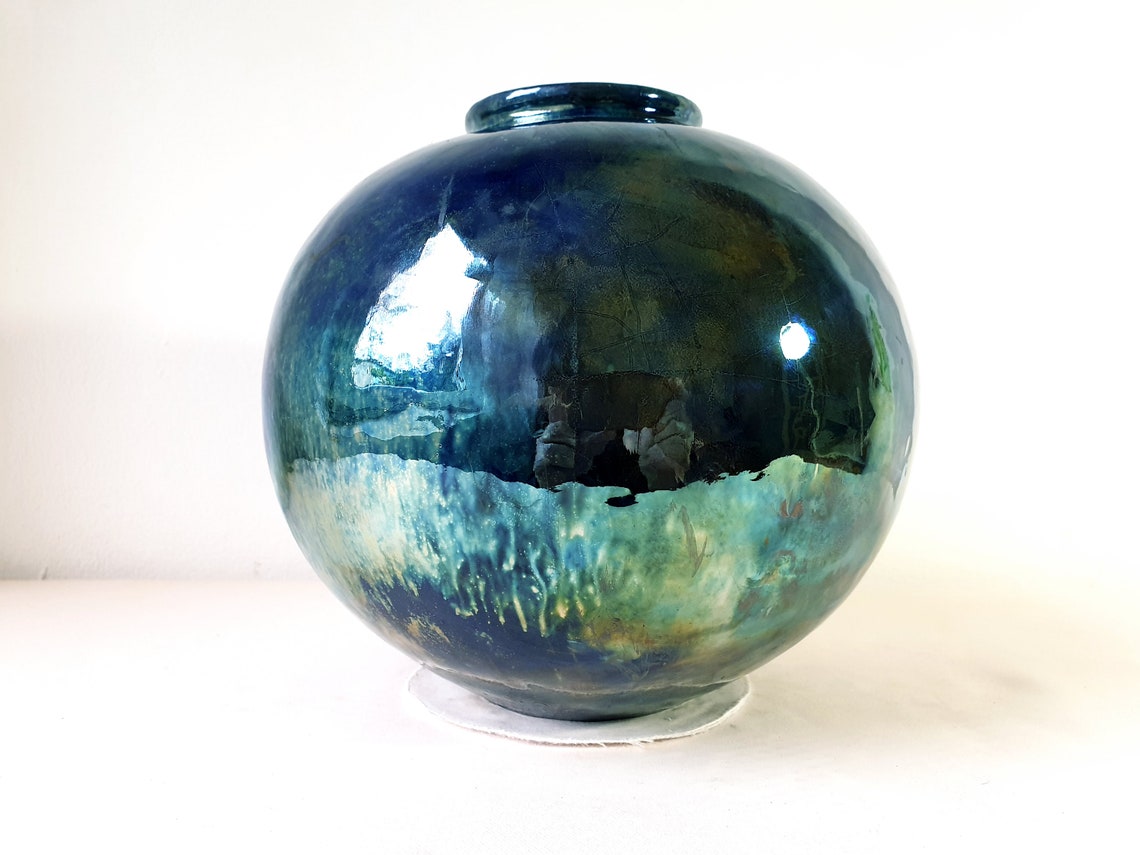 American Raku American Raku Vase, Gold Lustre and Cobalt Blue, Lustre Glaze Pottery ...