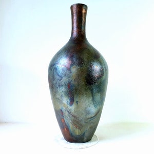 Iridescent raku vase , American Raku , Tall Raku vase , Copper Sand glaze , raku bottle vase