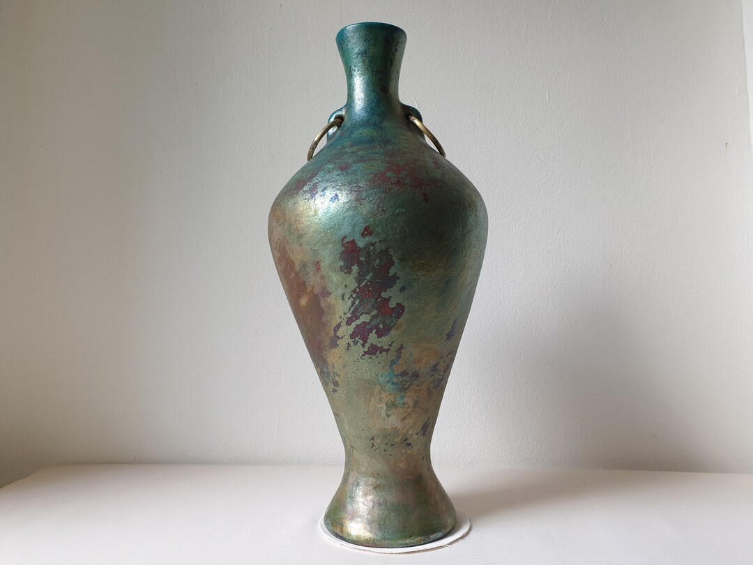 American Raku Handmade American Raku Amphora Vase, Large Vessel, Copper Sand Lustre ...