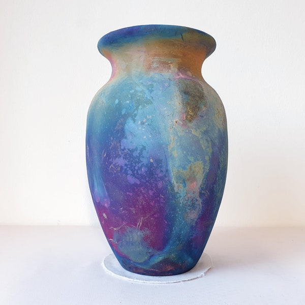 Handmade Copper Matte Raku Vase, Large 2.5 l Vessel, Artisan Made Pottery, Matte Rainbow Artwork, Mothers Day Gift