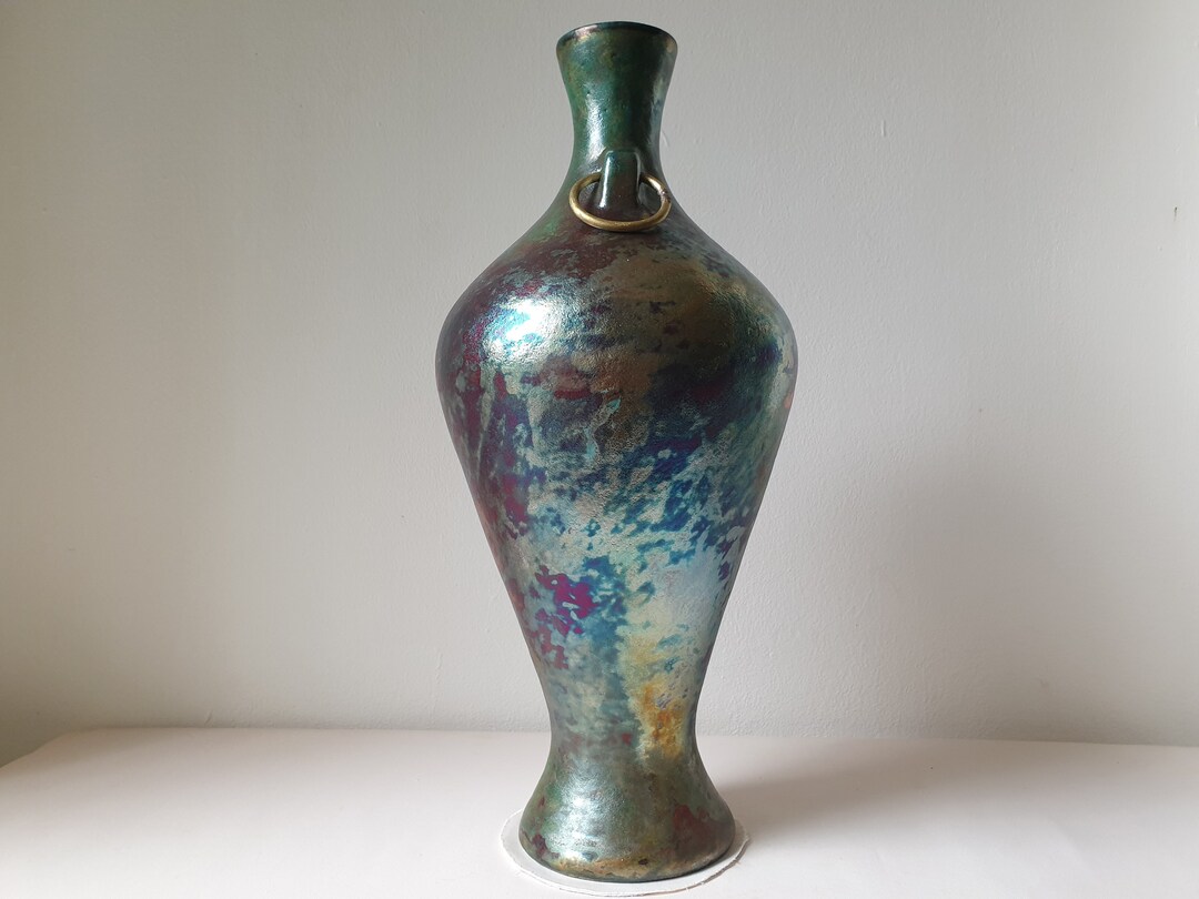 American Raku Handmade American Raku Amphora Vase, Large Vessel, Copper Sand Lustre ...