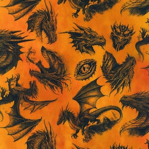 Dragon Etching Orange Emerald Reign In The Beginning Cotton Fabric By The Yard