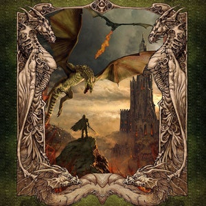 The Ancients Green Dragon Large Castle Fabric Panel In The Beginning Cotton Fabric By The 36&quot; Panel