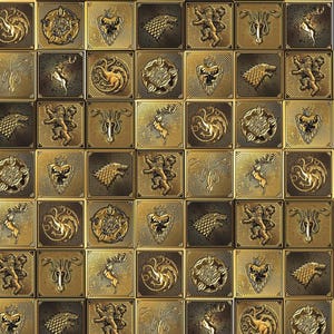 May include: A repeating pattern of gold-colored square tiles, each featuring a different embossed emblem. The emblems include a wolf's head, a stag, a lion, a rose, and a dragon. The tiles have a metallic, aged appearance.