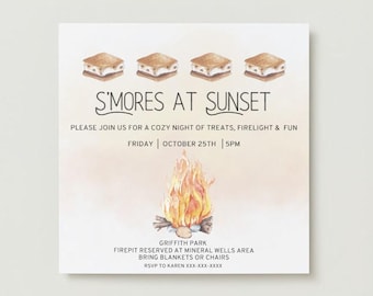 Uitnodiging S'mores bij zonsondergang: digitale download verjaardag, community-evenement, feestdag