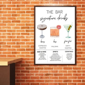 Menu de bebidas exclusivas - casamento, aniversário, festa de boas-vindas, evento - modelo editável de placa de coquetel