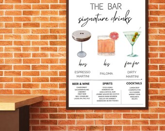 Signature-drankmenu - bruiloft, verjaardag, welkomstfeest, evenement - bewerkbare sjabloon cocktailbord