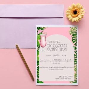Tarjetas de invitación y votación para el cóctel Tiki / Concurso de cócteles en PDF y Canva / Concurso Fiesta de fin de semana del Día del Trabajo