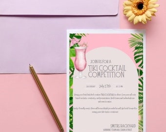 Uitnodigings- en stemkaarten voor Tiki-cocktailparty | PDF- en canva-cocktailwedstrijd |  Wedstrijd Labor Day Weekend Party