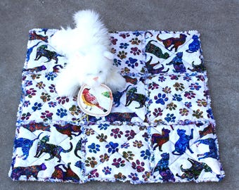 Cat Blanket, handmade cat quilt, washable cat blanket, mat with catnip toy, cat quilt, fabric cat blanket, kitten blanket, crate mat