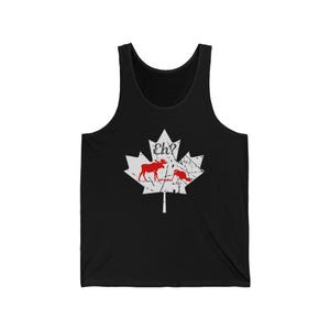 May include: A black tank top featuring a large, distressed white maple leaf graphic. Inside the leaf, a red moose and a red beaver are depicted playing hockey. The text "Eh?" is printed in white above the animals, completing the design.