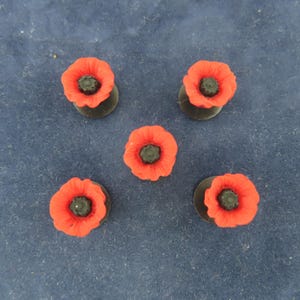 May include: Five red poppy flower pins with black centers and bases are arranged on a blue surface. The poppy petals are a vibrant red, and the centers are black. These pins are likely used for decorative purposes.