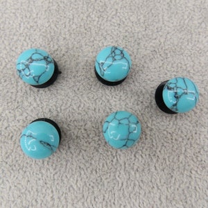 May include: Five turquoise cabochon stones with black veins, each set in a black metal setting. The stones are arranged in a semi-circle on a light gray surface.
