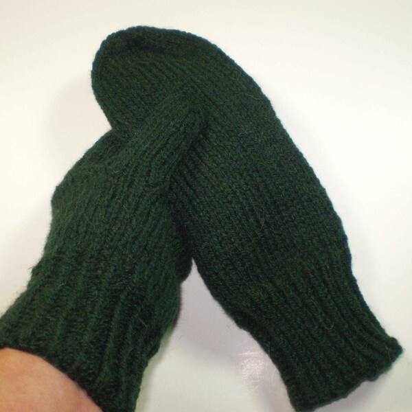 Hand knit mittens ... Hand hugs in dark green ... almost black ... Unisex adult wool blend mittens