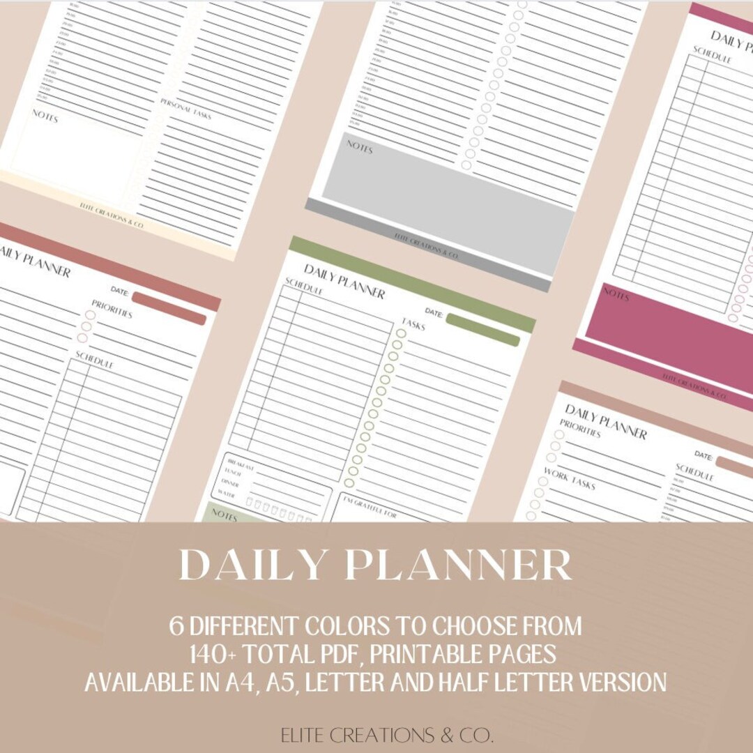 Daily Planner Templates A4, A5, US Letter and Half Letter Versions in 6 ...