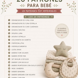 Puede incluir: Un documento digital titulado Mega Pack 20 Patrones Para Bebé de munestpattern, que incluye una lista de 20 patrones de costura para bebé como organizadores de cuna, doudous, baberos y cojines, con imágenes de un cojín estrella, luna y babero.