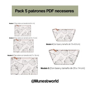 Puede incluir: Cinco patrones PDF para hacer neceseres con cremallera. Los patrones son de diferentes tamaños y estilos, incluyendo un neceser con base y un neceser con solapa superior. Los patrones están impresos sobre un fondo blanco con un diseño floral en blanco y negro. El texto "Pack 5 patrones PDF neceseres" está en la parte superior de la imagen. El texto "@Munestworld" está en la parte inferior de la imagen.