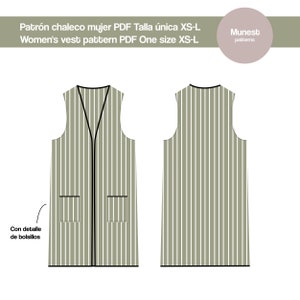 May include: A digital pattern for a sleeveless vest with a striped design. The pattern includes instructions for making the vest with pockets. The text on the image reads "Patrón chaleco mujer PDF Talla única XS-L Women's vest pattern PDF One size XS-L Con detalle de bolsillos Munest patterns".
