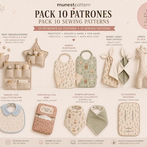 Op de afbeelding: Een digitale collectie van 10 naaipatronen getiteld PACK 10 PATRONES PACK 10 SEWING PATTERNS. De afbeelding toont diverse babyartikelen, waaronder maan-, ster- en wiegorganizers, slabbetjes, een konijnenknuffeldoekje en een stoffen giraf.
