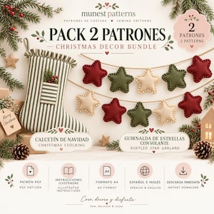以下が含まれることがあります： Pack 2 Patrones Christmas Decor Bundleというタイトルの裁縫パターンセット。緑と白のストライプのクリスマスストッキングと、赤、オリーブグリーン、クリーム色のフェルト星のガーランドが特徴です。PDFパターンのアイコンとテキストが含まれています。