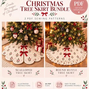 Puede incluir: Un paquete de patrones de costura digitales para dos faldas de árbol de Navidad. La imagen muestra una falda festoneada y una falda con volantes, ambas de tela color crema con estampado de bayas rojas y verdes y lazos rojos.