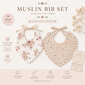 Puede incluir: Un patrón de costura digital para un conjunto de baberos de muselina con dos estilos. Un babero tiene un estampado floral con lazos, el otro un borde con volantes y un pequeño motivo floral. Incluye texto: MUSLIN BIB SET, 2 BEAUTIFUL STYLES, PDF PATTERN.