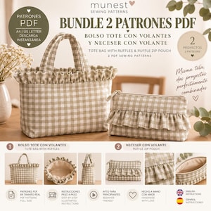 Puede incluir: Un paquete de patrones de costura digitales para un bolso tote y un neceser con cremallera, ambos con un patrón de cuadros vichy en beige y blanco y volantes decorativos. El texto incluye BUNDLE 2 PATRONES PDF, BOLSO TOTE CON VOLANTES Y NECESER CON VOLANTE.