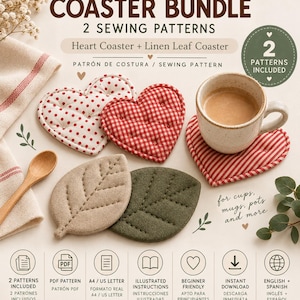 May include: A digital sewing pattern bundle titled Coaster Bundle featuring two designs: a heart-shaped coaster and a leaf-shaped coaster. The image displays fabric coasters in red polka dot, red gingham, red stripe, beige, and olive green.