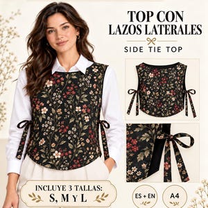 Puede incluir: Un patrón de costura PDF para un top con lazos laterales en tela negra con un estampado floral de pequeñas flores rojas, rosas y blancas. El patrón incluye tres tallas: S, M y L, con instrucciones en español e inglés para imprimir en A4.