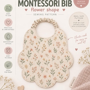 Puede incluir: Un patrón de costura para babero de bebé con forma de flor de MunestPatterns. El babero presenta una tela color crema con un pequeño estampado floral en rosa y verde, y un cuello elástico. El patrón PDF incluye instrucciones paso a paso.