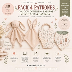 Può includere: Un set di cartamodelli digitali intitolato PACK 4 PATRONES con istruzioni per un doudou a forma di coniglietto, una bavaglina Montessori e una bavaglina a bandana. L'immagine mostra un doudou beige, un quadrato di tessuto, una bavaglina e una bandana.
