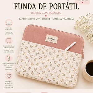 Könnte beinhalten: Ein Schnittmuster für eine 33 cm Laptoptasche mit Tasche, bestehend aus einem altrosa Oberteil mit munest-Etikett und einem cremefarbenen Unterteil mit kleinem Blumenmuster. Das Schnittmuster enthält Anleitungen auf Englisch und Spanisch.