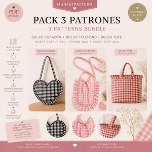 Puede incluir: Un paquete digital de tres patrones de costura titulado PACK 3 PATRONES 3 PATTERNS BUNDLE. Incluye un bolso de corazón con cuadros vichy negros y blancos, un bolso de teléfono rosa con volantes y un bolso tote vichy rojo con borde superior.