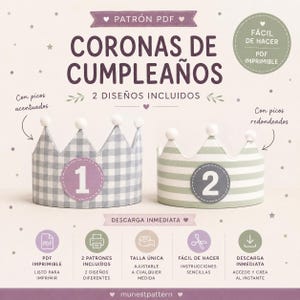 Puede incluir: Un patrón PDF para dos coronas de cumpleaños con el texto CORONAS DE CUMPLEAÑOS. Una corona tiene un patrón de cuadros vichy gris con un número 1, y la otra rayas verdes con un número 2. Ambas coronas tienen pompones blancos en las puntas.