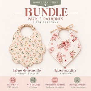 Può includere: Un pacchetto digitale di due cartamodelli PDF per bavaglini, etichettato Munest Patterns. Un modello per un bavaglino a forma di fiore smerlato con stampa floreale ed elastico, l'altro per un bavaglino triangolare in mussola con stampa floreale e lacci.