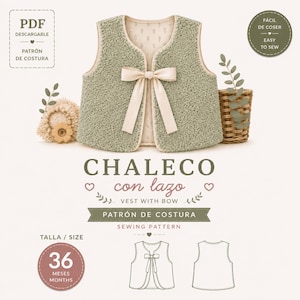 Puede incluir: Un chaleco de forro polar sherpa color verde salvia con un lazo de cinta color crema en la parte delantera. El chaleco tiene un forro interior claro con un pequeño estampado botánico. La imagen incluye texto para un patrón de costura, talla 36 meses.