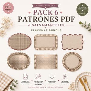 Puede incluir: Un paquete de patrones PDF digitales para seis salvamanteles, con el texto PACK 6 PATRONES PDF 6 SALVAMANTELES PLACEMAT BUNDLE. La imagen muestra seis diseños distintos de salvamanteles con tela de cuadros vichy beige y marrón y tela beige lisa.