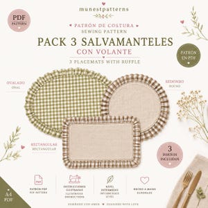 Op de afbeelding: Een digitaal naaipatroon voor drie placemats met ruches, bestaande uit een ovale groen geruite placemat, een ronde beige placemat met bruin geruite ruche en een rechthoekige beige placemat met bruin geruite ruche, aangeduid als PDF-patroon.