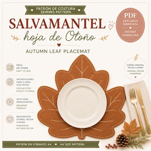 Puede incluir: Un patrón de costura para un salvamantel con forma de hoja de otoño, con texto en español e inglés. El diseño muestra una hoja de tela color óxido con nervaduras cosidas en blanco, un plato blanco, un tenedor y cuchillo dorados y una piña.