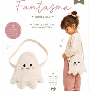 May include: A sewing pattern for a ghost-shaped bag with a floral print, featuring black eyes, a small smile, and pink cheeks. The text reads BOLSO FANTASMA, GHOST BAG, PATRÓN DE COSTURA SEWING PATTERN, FÁCIL DE COSER EASY TO SEW, and 20 X 22 CM.