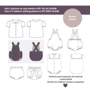 Puede incluir: Un conjunto de 5 patrones de ropa infantil en formato PDF para las tallas 3, 6, 9 y 12 meses. Los patrones incluyen una blusa blanca con cuello, una camiseta blanca, una camiseta marinera blanca, un pelele morado con tirantes y un pelele blanco con volantes y un lazo.