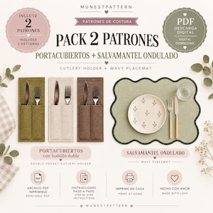 Peut inclure: Un ensemble de patrons de couture numériques intitulé PACK 2 PATRONES comprenant un porte-couverts et un set de table ondulé. L'image montre trois porte-couverts rectangulaires en tissu olive, beige et marron, et un set de table vert ondulé.