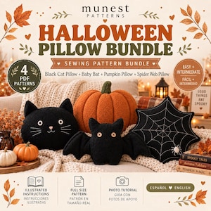 Puede incluir: Un paquete de patrones de costura para cojines de Halloween de Munest Patterns con cuatro diseños PDF: gato negro, murciélago bebé, calabaza y telaraña. Incluye instrucciones ilustradas, patrones a tamaño real y una guía con fotos en español e inglés.