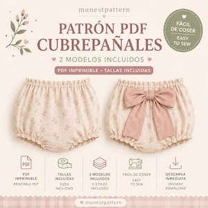 May include: A digital sewing pattern for baby bloomers featuring two styles: one plain and one with a large dusty pink bow. The fabric is a light beige with a small pink floral print. The text includes 'munestpattern', 'PATRÓN PDF CUBREPAÑALES', and '2 MODELOS INCLUIDOS'.