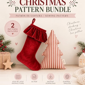 Puede incluir: Un paquete de patrones de costura titulado Christmas Pattern Bundle de Munest Patterns. Incluye un calcetín navideño de terciopelo rojo con un borde con volantes y un cojín con forma de árbol de Navidad a rayas rojas y blancas.